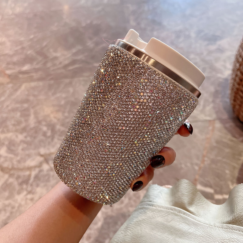 Taza de acero inoxidable aislante con incrustaciones de diamantes elegante - Ideal para oficina y hogar, apta para alimentos