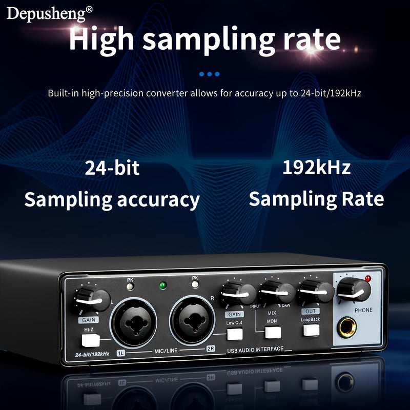 Interfaz de Audio USB de Alta Fidelidad Depusheng con Micrófono, 24-Bits/192kHz, XLR, Alimentación Fantasma, Convertidor de Precisión Integrado para Muestreo Preciso de hasta 24-Bits/192kHz - ABS Duradero, Negro - Ideal para Streaming y Grabación de Músi