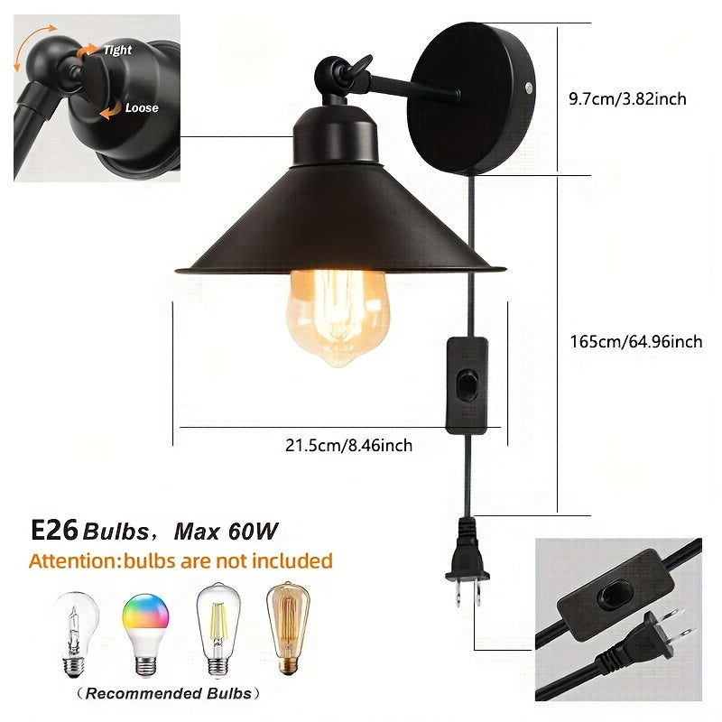 2 luces de pared ajustables de ángulo, estilo industrial tradicional, montaje semienterrado, alimentado por enchufe de EE. UU., base de bombilla E26, sombra de hierro, 110-240V, para sala de estar y dormitorio, bombilla no incluida.