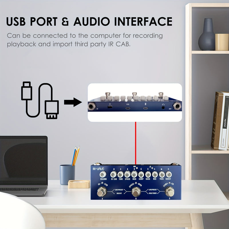 Pedal de Efectos de Bajo Portátil M-VAVE CUBE para Jóvenes con Interfaz de Audio Inalámbrica - Batería de Polímero de Litio Recargable, Compatible con USB, para Grabación de Teléfono y Reproducción de Música, Azul