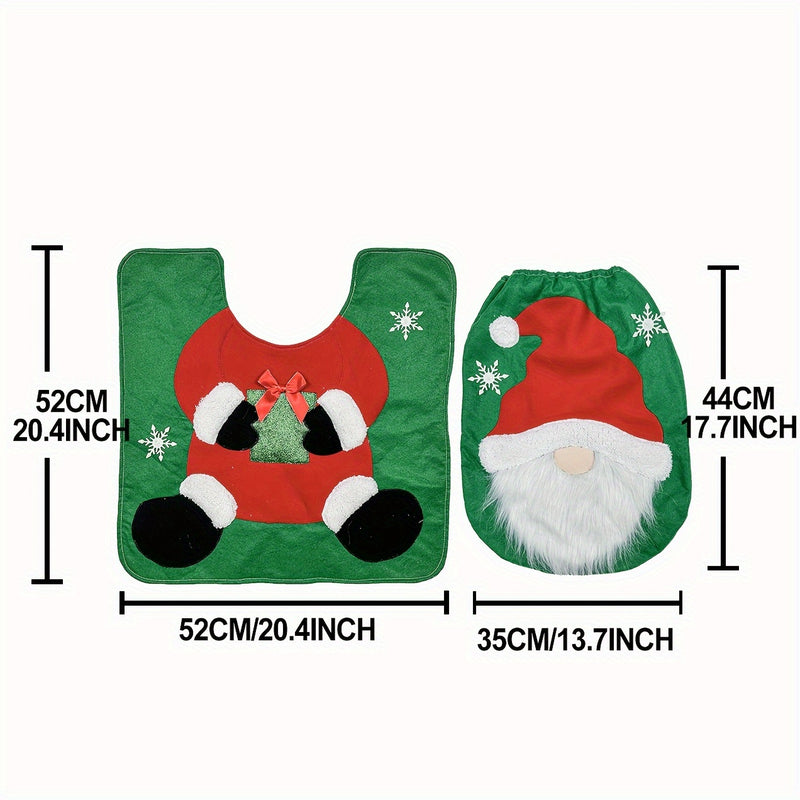 Juego de Cubierta de Asiento de Inodoro y Alfombra de Navidad de Dos Piezas con Enano de Santa - Decoraciones Navideñas - Decoración de Baño Estacional, Kit Creativo de Accesorios para el Hogar con Diseño Festivo