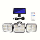 Luz de seguridad solar con sensor de movimiento, 3 cabezales con 122 luces LED ajustables, aplique de pared semirrehundido de plástico, control remoto, alimentado por energía solar con batería de iones de litio de 2400 mAh, panel fotovoltaico no removibl