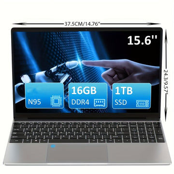 Portátil de 15.6 Pulgadas con 8GB RAM + SSD de 1024GB, Procesador N95, Bisagra 180°, WiFi 6, sin varillas 5.2, USB, Tipo-C, HDTV, Batería de 5000mAh, Altavoces Estéreo Dobles, WiFi Dual Band 5G, Regalo Ideal para Amigos