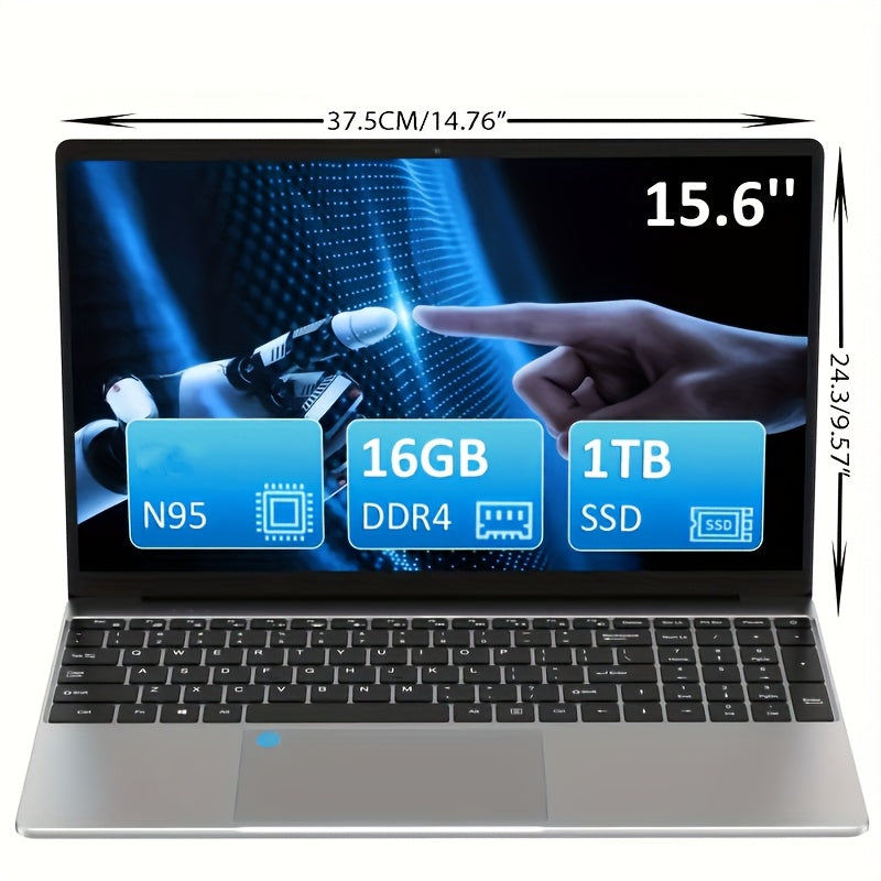 Portátil de 15.6 Pulgadas con 8GB RAM + SSD de 1024GB, Procesador N95, Bisagra 180°, WiFi 6, sin varillas 5.2, USB, Tipo-C, HDTV, Batería de 5000mAh, Altavoces Estéreo Dobles, WiFi Dual Band 5G, Regalo Ideal para Amigos