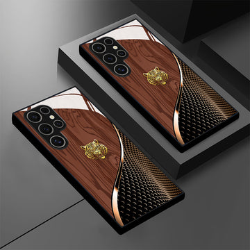 Tigre dorado elegante con patrón de textura marrón, funda de vidrio para teléfono para for samsung para for galaxy S25/S25 Plus/S25 Ultra/S24/S24 FE/S24 Plus/S24 Ultra/S23+/S23 Ultra/S22+/S22 Ultra/S20+/S20 FE/S20 Ultra/A13/A14/A16/A32/A33/A34/A53/A54/A7