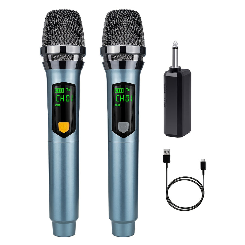 Micrófono dinámico gris Heikuding 108 con control de volumen, batería de litio recargable por USB, conector de 6,35 mm, inalámbrico a 2,4 MHz, con clip y soporte para actuaciones en vivo, grabación y transmisión.