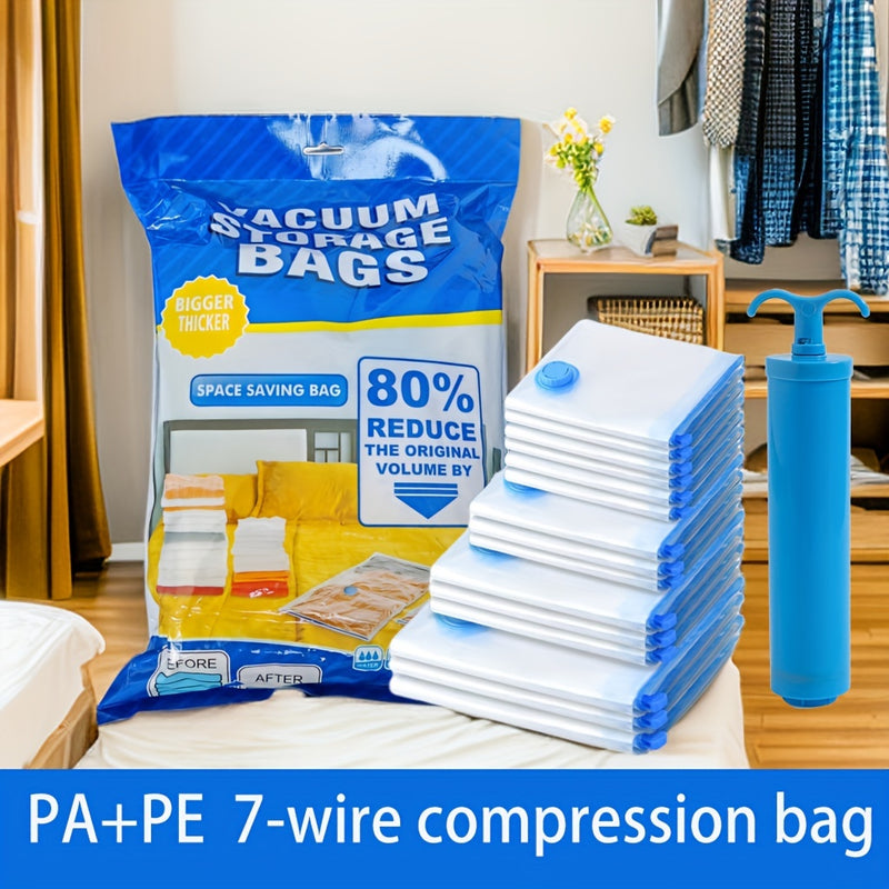 Juego de 12 Bolsas de Almacenamiento al Vacío, Combo de Tamaños Variados con 1 Bomba Manual, Paquete para Compresión de Ropa Navideña, Organizador Portátil de Plástico para Viajes para Mantas, Ropa de Cama, Edredones y Colchas, Bolsas Esenciales Ahorrado