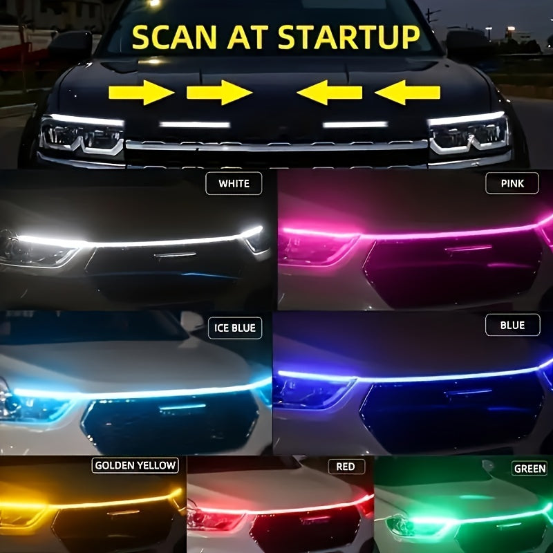 Luz LED para capó de coche, tira de acento de neón de 60 pulgadas, barra de luces de escáner de inicio multicolor, luces de neón de alto brillo de 12 V, con cableado rígido, para varios modelos, sin batería