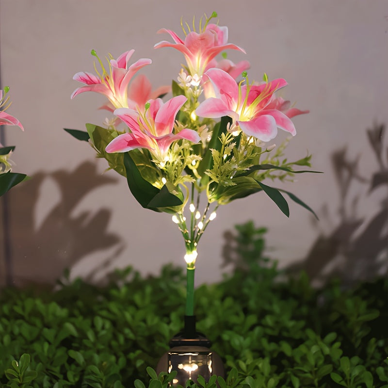 Lámpara solar con 7 flores de lirio y 42 cuentas, decoración rosa para jardín, patio y exterior
