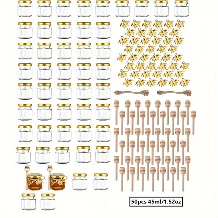 Conjunto de 20/30/50/60 frascos de miel, frascos de miel de vidrio transparente de 45 ml/1,52 oz, frascos de vidrio hexagonales con tapas, recipientes de almacenamiento de cocina para miel, mermelada y conservas, envases de regalo de vidrio sellados
