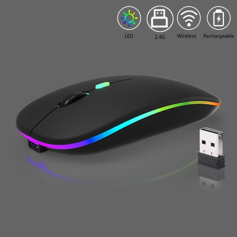 Ratón inalámbrico recargable, con luz LED, ergonómico y portátil, con función de doble modo 2.4G/5.0, botón silencioso, batería recargable incorporada, adecuado para ambas manos, estable y suave, baja latencia, apto para juegos, oficina y entretenimiento