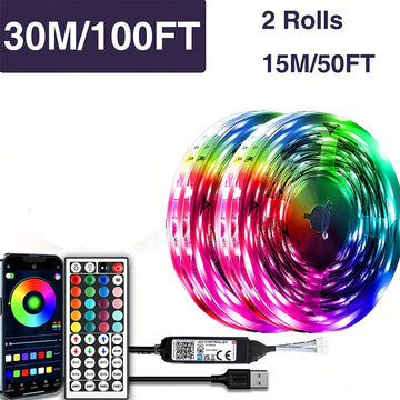 Cinta de luz LED de 100 pies (2 rollos de 50 pies) de HBO con cambio de color sincronizado y control de aplicación, control remoto de 44 teclas, paquete de instalación de cinta de doble cara incluido, perfecto para regalos de Navidad, oficina de vacacion