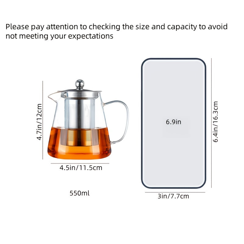 1 pieza, juego de 1 unidad, tetera transparente resistente al calor de borosilicato con asa y tapa, capacidad grande de 550ml/750ml, cuerpo recto con filtro interior de acero inoxidable para infusionar hojas de té, pétalos de rosa, bayas goji, flores, te