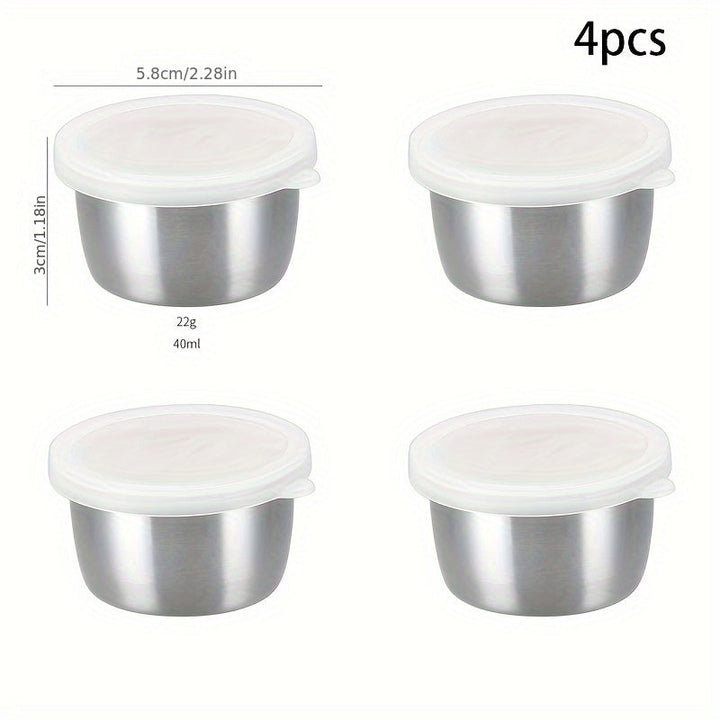 2/4/6 piezas - Tazón de acero inoxidable para salsas de 1.5 oz con tapa transparente, recipiente reutilizable para aderezos, ensaladas y salsas, ideal para asados, picnics, campamentos y almacenamiento en cocina, temática de festividades