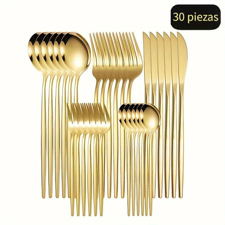 Juego de Cubiertos Elegante de Acero Inoxidable Dorado - 30 Piezas: Cuchillos, Tenedores y Cucharas Postre - Apto para Lavavajillas, Ideal para Hogar, Cocina, Restaurantes, Hoteles, Fiestas, Acción de Gracias, Navidad y Bodas - Juego de Utensilios de Alt