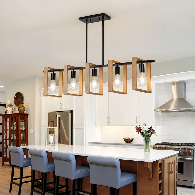 Luces de 5 Luces para Isla de Cocina, Lámpara Colgante Rústica para Comedor Estilo Granja, Araña Rectangular de Madera y Metal , Iluminación Suspendida para Sala de Estar o Bar, Base E26 (Bombillas No Incluidas)