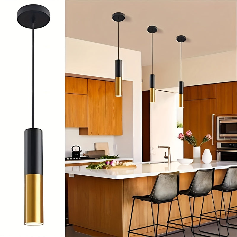 1 lámpara colgante moderna de tubo negro mate y dorado, aplique semiempotrado de metal para barra de cocina o isla, base E12, 110-240V cableado duro, sin bombilla incluida, incluye hardware de instalación