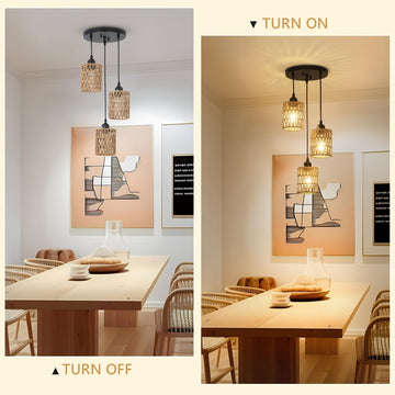 Lámpara colgante de ratán con 3 luces, lámpara de techo estilo granja para comedor, iluminación colgante boho con pantallas tejidas a mano de mimbre, ideal para cocina, sala, dormitorio, entrada o pasillo