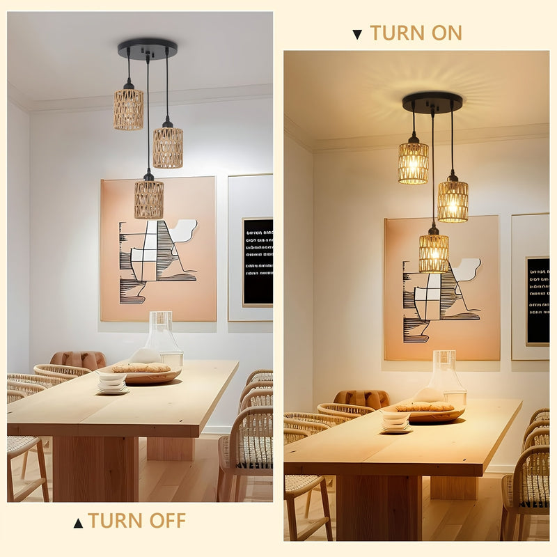 Lámpara colgante de ratán con 3 luces, lámpara de techo estilo granja para comedor, iluminación colgante boho con pantallas tejidas a mano de mimbre, ideal para cocina, sala, dormitorio, entrada o pasillo