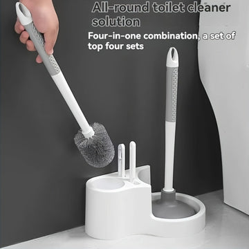 Kit de limpieza para inodoros de 4 piezas con cepillo de mango largo, desatascador y soporte - Juego de limpieza profunda para baños de plástico duradero