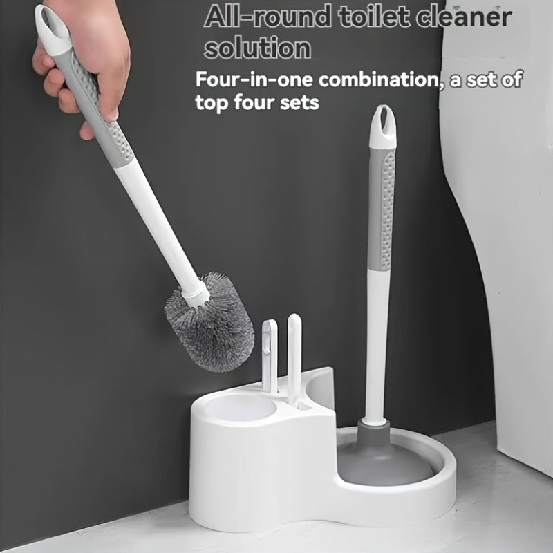 Kit de limpieza para inodoros de 4 piezas con cepillo de mango largo, desatascador y soporte - Juego de limpieza profunda para baños de plástico duradero