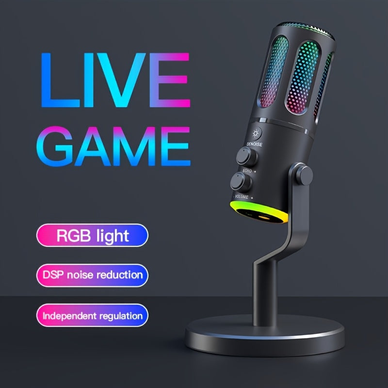 Micrófono SU8 con reducción de ruido, iluminación RGB, efecto de audio reverberante, interfaz USB Type-C para juegos y canto, equipo de audio para juegos | Micrófono moderno | Micrófono alimentado por USB