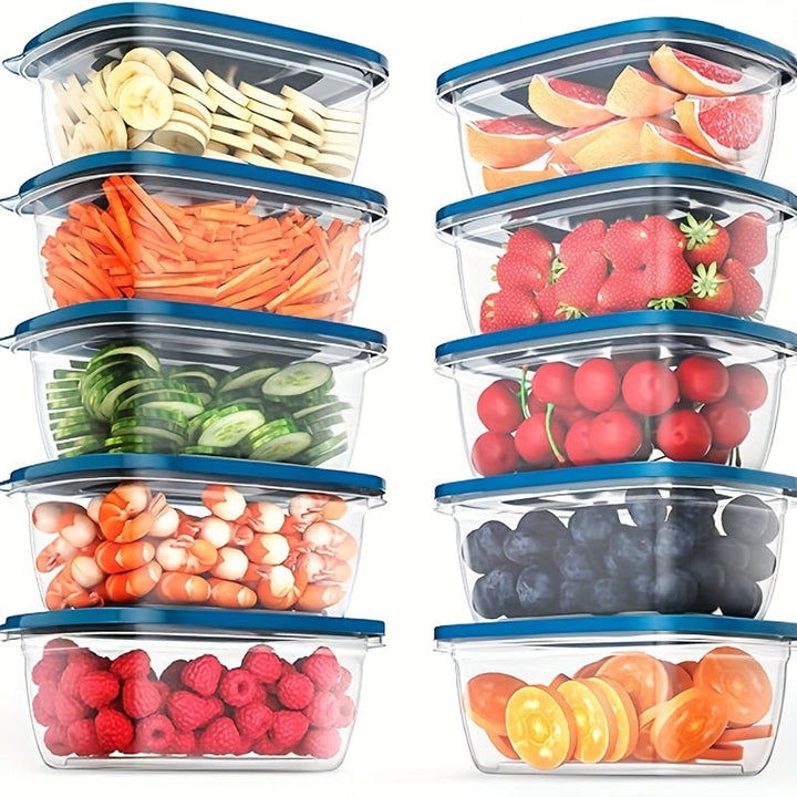 10pcs Contenedores de Almacenamiento de Alimentos de Plástico Transparente con Tapas Azules - Apilables, Reutilizables, Perfectos para la Organización de la Cocina - Ideales para Granos, Carne, Frutas, Verduras - Apto para Lavavajillas y Microondas