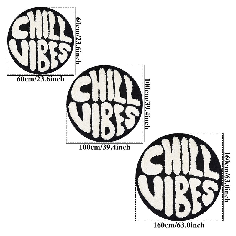1pc Alfombra Redonda de Vibra Chill, 10mm de grosor de fibra de poliéster, sin resbalones con sujeción de fieltro, para dormitorio y sala de estar, solo lavable a mano, negro y blanco