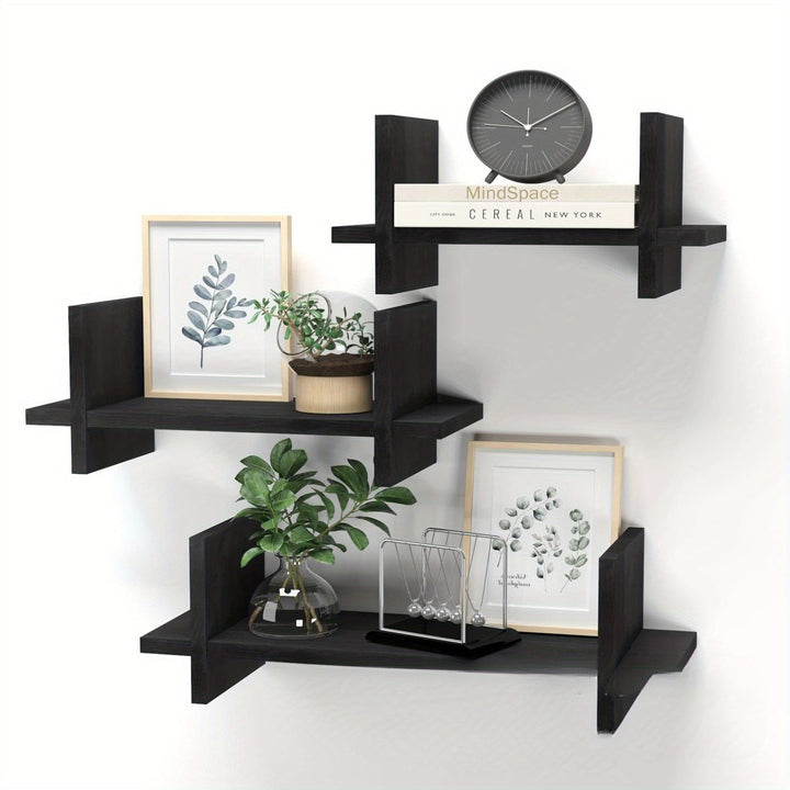 Estantes de madera de estilo Boho para montar en la pared, Diseño de cruz, Almacenamiento y exhibición multiusos para diferentes tipos de habitaciones, Estanterías verdes colgantes de la pared