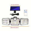 Luz de seguridad solar con sensor de movimiento, 3 cabezales con 122 luces LED ajustables, aplique de pared semirrehundido de plástico, control remoto, alimentado por energía solar con batería de iones de litio de 2400 mAh, panel fotovoltaico no removibl