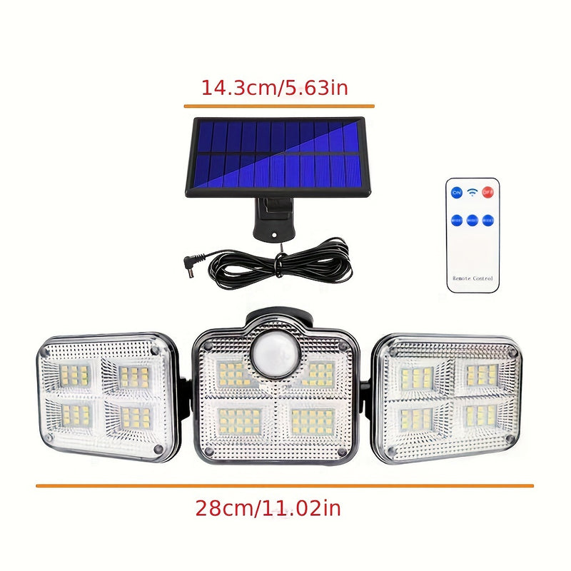 Luz de seguridad solar con sensor de movimiento, 3 cabezales con 122 luces LED ajustables, aplique de pared semirrehundido de plástico, control remoto, alimentado por energía solar con batería de iones de litio de 2400 mAh, panel fotovoltaico no removibl