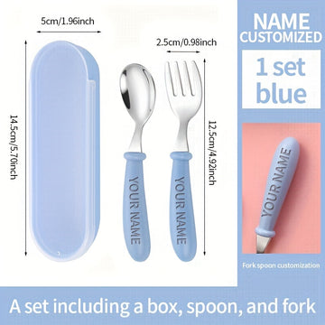 1PCS Vajilla Personalizada, Cuchara y Tenedor de Acero Inoxidable 304, Cuchillo y Tenedor Corto con Mango de Silicona para Aprendizaje de Alimentación Complementaria, Regalo de Apertura Escolar, Vajilla Portátil Personalizable