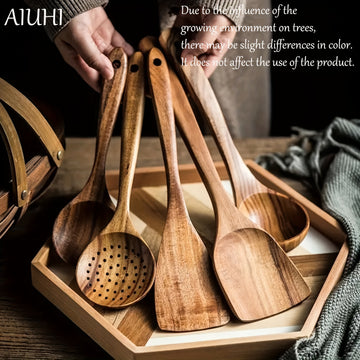 Conjunto de Utensilios de Cocina de Madera AIUHI de 5 Piezas, Cucharas de Madera y Juego de Espátulas Naturales para Sartenes Antiadherentes