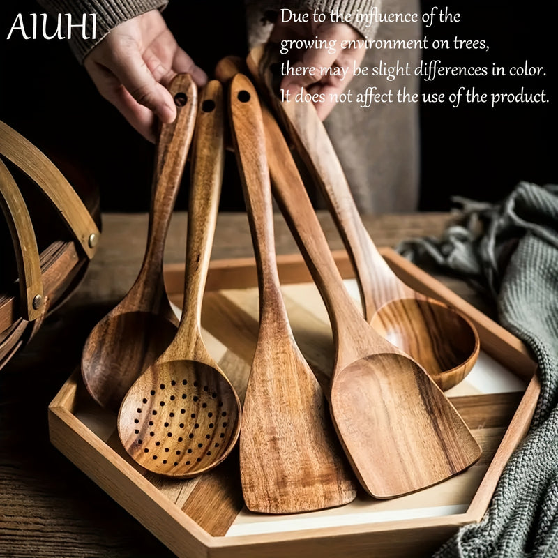 Conjunto de Utensilios de Cocina de Madera AIUHI de 5 Piezas, Cucharas de Madera y Juego de Espátulas Naturales para Sartenes Antiadherentes