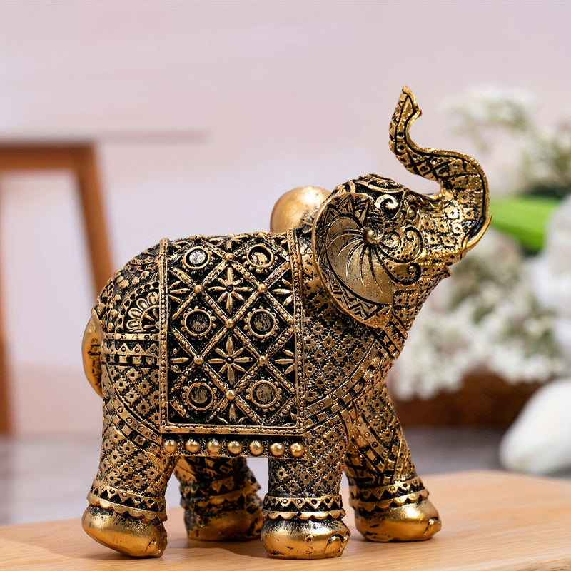 Figura de Elefante Dorado de la Suerte - Decoración de Resina Intrincada para Atraer Riqueza con Patrones Detallados para el Hogar y la Oficina, Ideal para Exhibición en la Sala de Estar, Decoración de Elefante