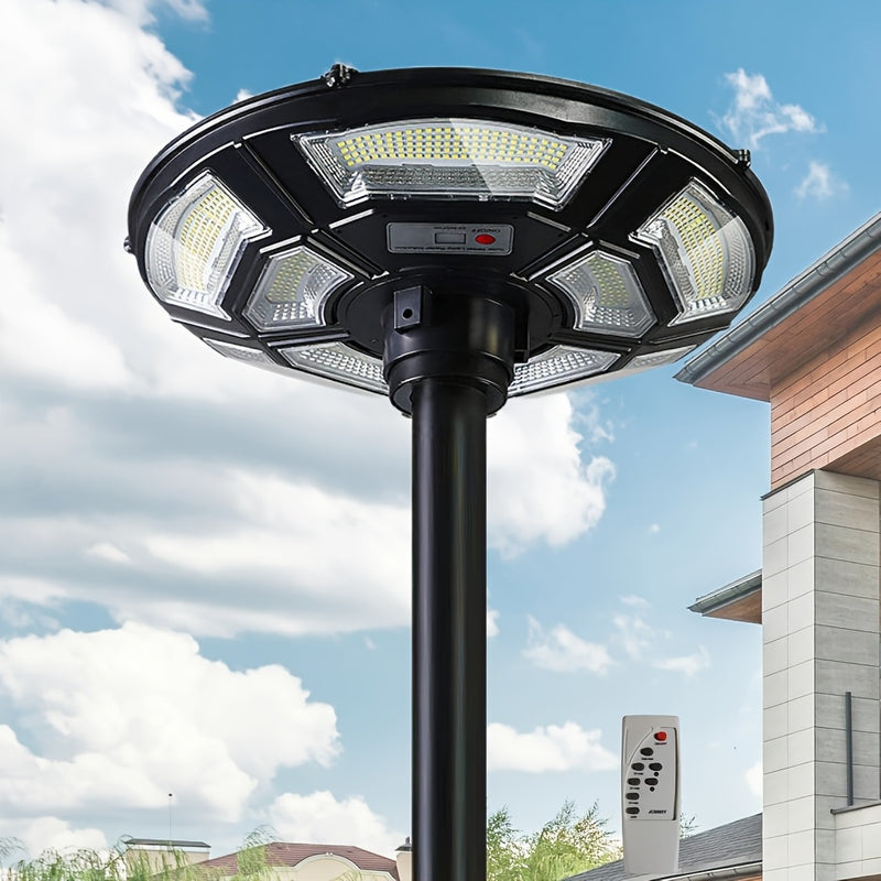 Lámpara solar redonda tipo UFO con sensor de movimiento, control remoto, acabado pulido para villas, comunidades y plazas, lámpara de jardín