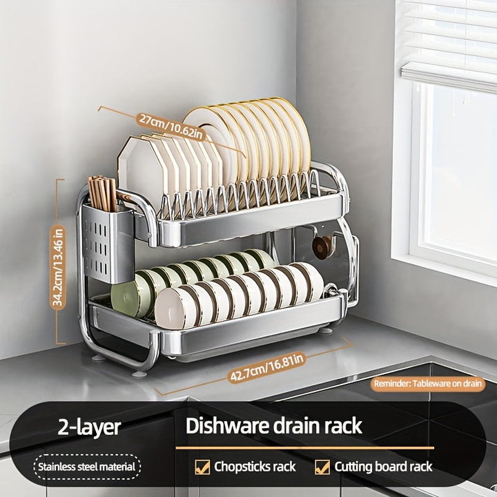 Organizador de Cocina de Acero Inoxidable de Doble Capa - Estante Duradero para Escurrir Platos y Utensilios para Encimeras, Plateado