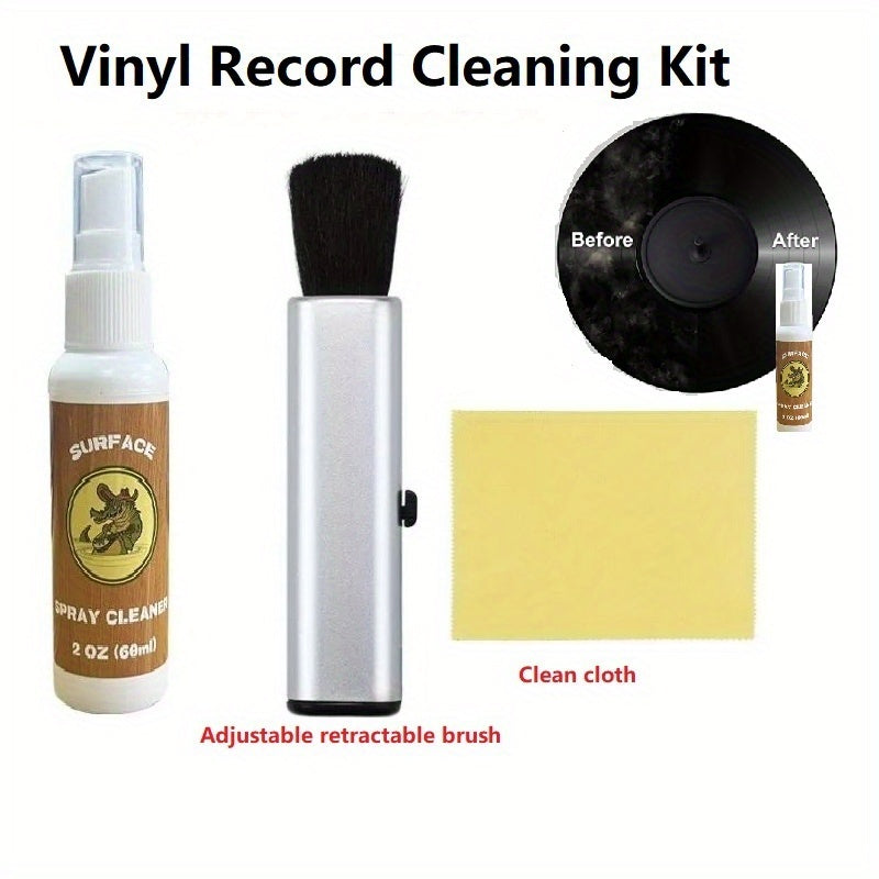 Kit de limpieza de discos de vinilo con cepillo ajustable y retraíble y paño de limpieza, limpiador activo de 60 ml, no deja marcas en los discos.