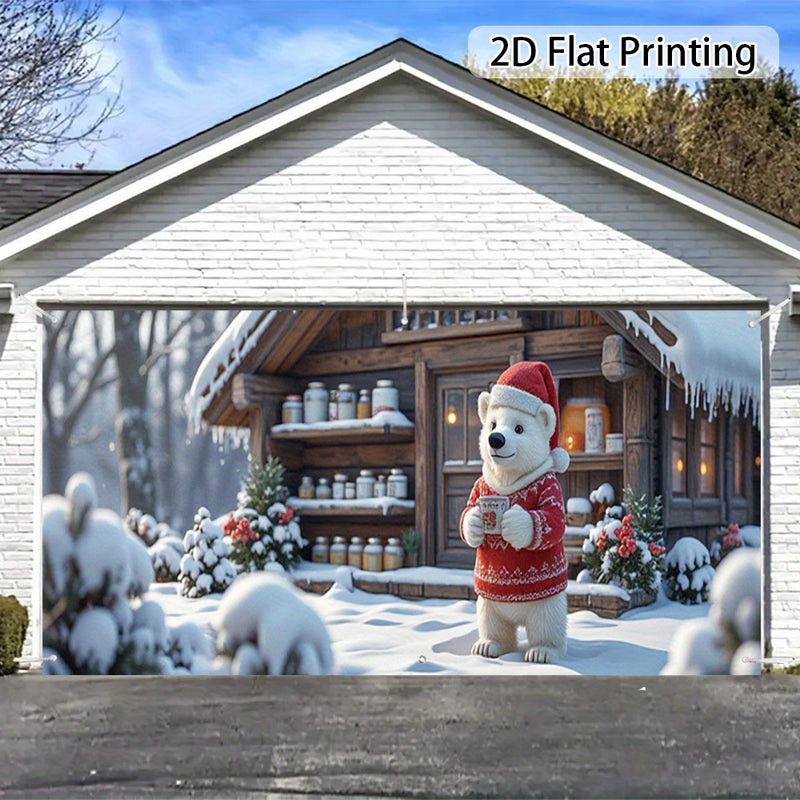 2D Banner de puerta, 1 pieza, Oso polar navideño festivo con banner de puerta de chocolate caliente - Poliéster, escena de cabaña nevada, ideal para decoraciones navideñas, bodas y celebraciones de jardín al aire libre, decoraciones navideñas