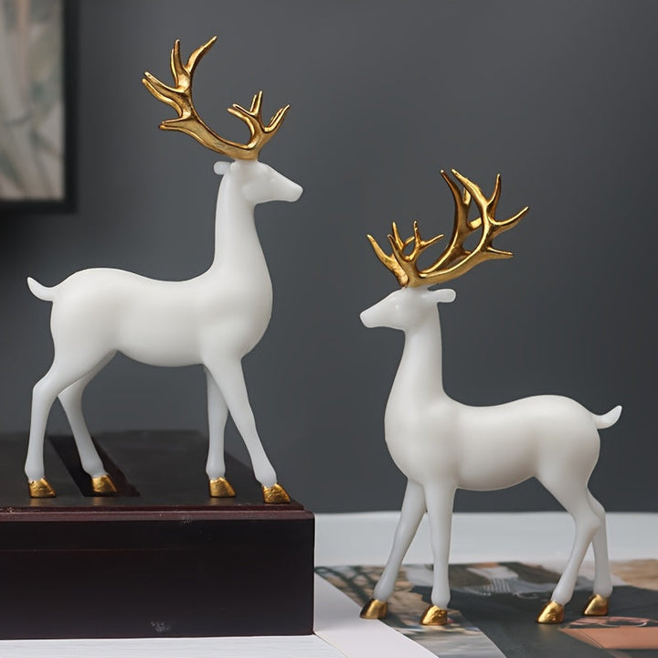 Conjunto de 2 piezas de Ciervo Creativo de Pie Dorado y Blanco, Regalo Especial de San Valentín, Adorno para Estantería y Chimenea, Decoración de Estatua de Ciervo para Sala de Estar Familiar
