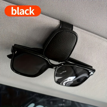 Soporte para gafas de visera de coche, gancho para gafas de cuero sintético, clip para tarjeta de boleto, ajuste firme automático, instalación fácil, accesorio de interior de coche elegante, regalo ideal para vacaciones.
