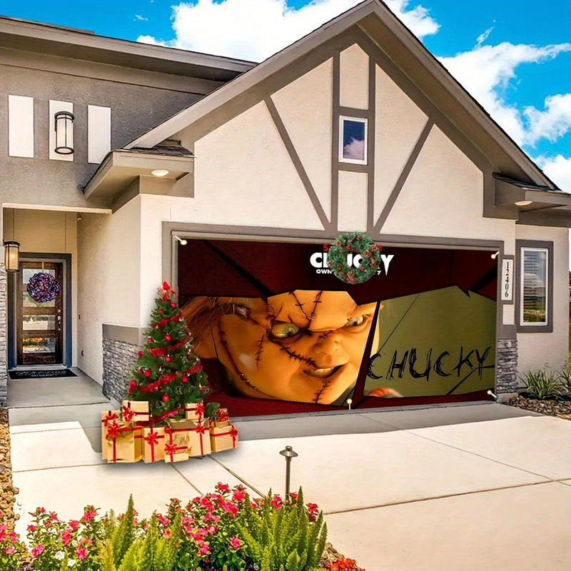 1 pieza - Cartel de puerta de garaje plano de personaje de película de terror clásica de otoño de Halloween 2D, con un patrón de espejo roto de Chucky para fiestas, adecuado para festivales, patio, paredes de fondo interior/exterior, decoración versátil