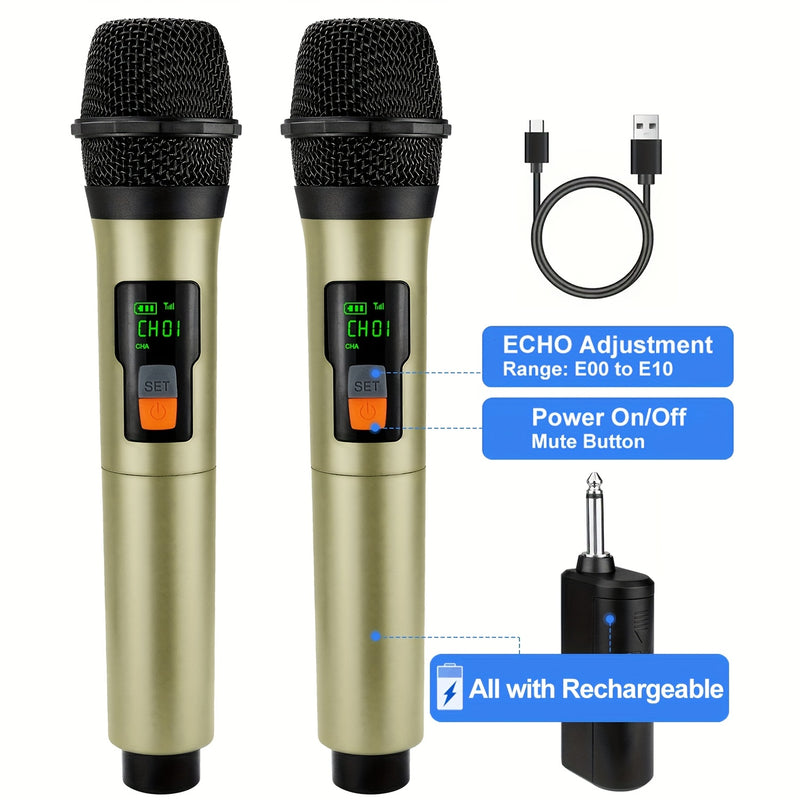 Micrófono sin varillas Recargable, Sistema de Micrófonos Portátiles Dinámicos con Botón de Silencio de Eco para Canto en Karaoke y Fiestas de Iglesia, Salida de 1/4'',