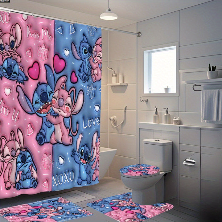 Juego de cortina de ducha confeccionada de 4 piezas incluye cortina de ducha, alfombra antideslizante, asiento de inodoro y tapete en forma de U - Diseño dulce de dibujos animados para crear tu baño soñado