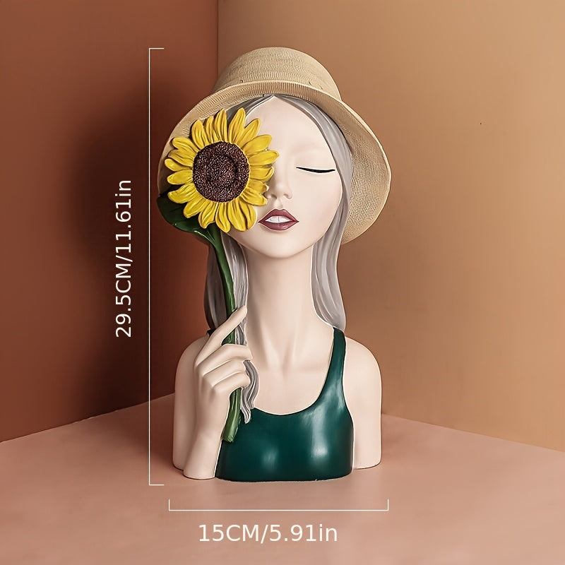 Moderna figura de girasol de resina de lujo para niña, decoración creativa de interiores para sala de estar, mueble de TV, mueble de vino, entrada - No necesita electricidad, elegante artesanía de adorno para el hogar