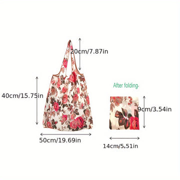 1 Bolsa de Compras Grande con Estampado Floral de Nailon - Duradera, Lavable, Plegable con Bordes Marrones, Bolso de Supermercado Reutilizable Adecuado para Compras de Alta Calidad