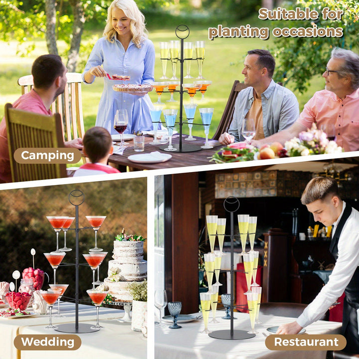 Elegante soporte de árbol de cóctel de 3 niveles con 12 soportes - Estante de exhibición de copas de champán con acabado negro para fiestas y eventos, construcción metálica, perfecto para organizar bebidas, soporte de árbol de cóctel