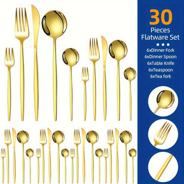 30 piezas de cubertería de acero inoxidable dorado - Cubertería elegante para fiestas, bodas, cumpleaños, cocina, hotel - Incluye cuchillos, tenedores, cucharas, cucharas de postre - Ideal para Navidad, Halloween, Pascua, Acción de Gracias, Graduación