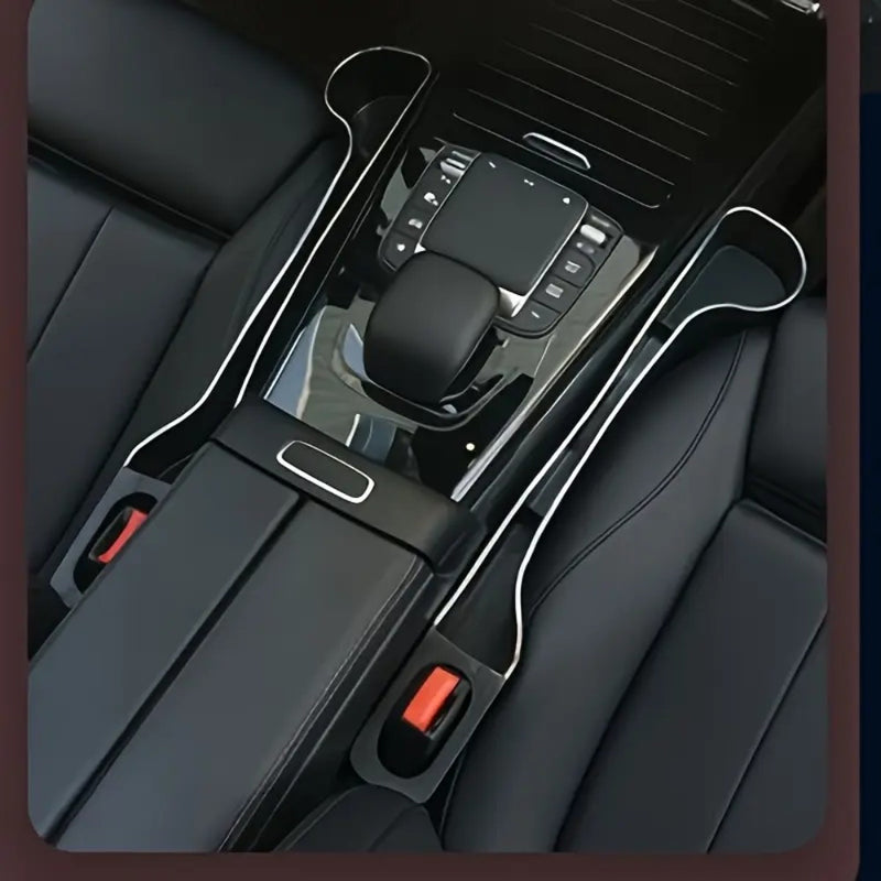 Pack de 2 Organizadores para Espacios del Asiento del Coche - Caja de Almacenamiento Multifuncional con Portavasos, Ranuras para Teléfono y Bolígrafos, Diseño Ergonómico en Plástico Duradero para el Frente