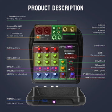 TAVOSOP Profesional 4 canales, mezclador de audio portátil, mezclador estéreo mini DJ con USB, verde, material ABS, compatible con interfaz de audio y tarjeta de sonido para producción musical en casa, DJ Karaok